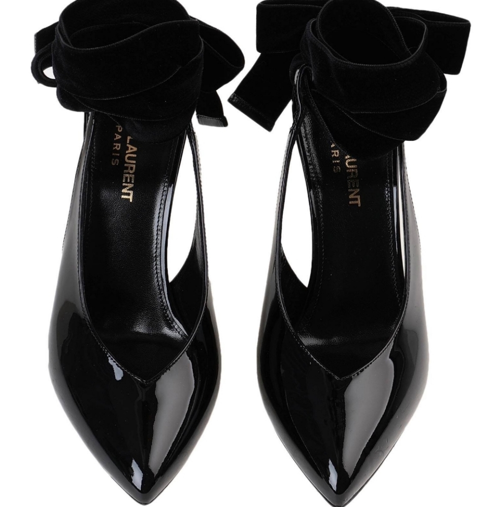 Saint Laurent Patent Leather Slingback Pointed Toe Lace Up Pumps Size 38.5 - Picture 4 of 12